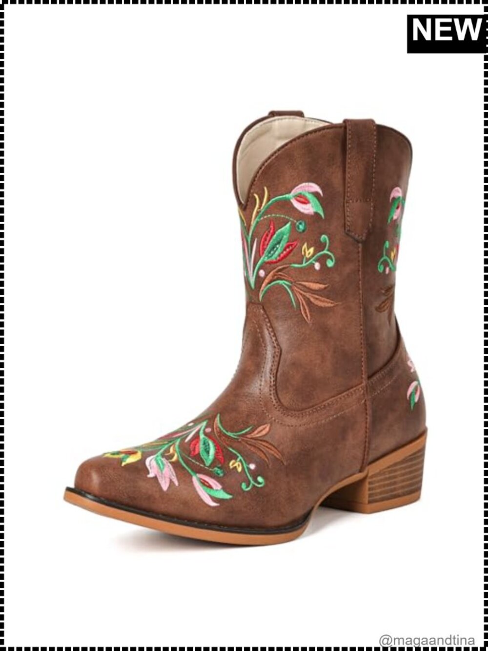 Faux Leather Cowboy Ankle Boots Western Floral Embroidered Snip Toe Block Heel